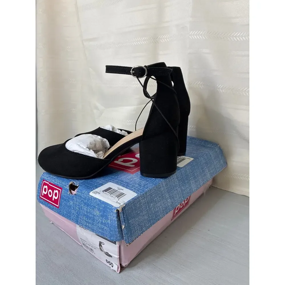 POP Gal Block Heel Pumps Black Womens Size 7.5M Ankle Strap